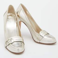 Pre Owned Gucci Gold Leather Interlocking G Loafer Pumps Size 38