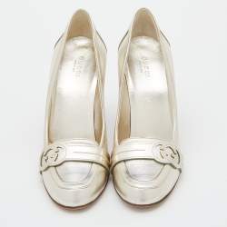 Pre Owned Gucci Gold Leather Interlocking G Loafer Pumps Size 38
