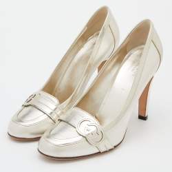 Pre Owned Gucci Gold Leather Interlocking G Loafer Pumps Size 38