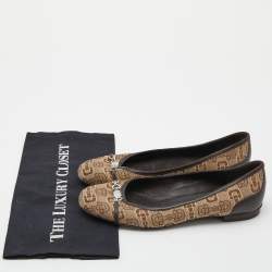Pre Owned Gucci Beige/Brown Canvas and Leather Logo Embellished Ballet Flats Size 39