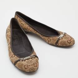 Pre Owned Gucci Beige/Brown Canvas and Leather Logo Embellished Ballet Flats Size 39