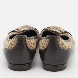 Pre Owned Gucci Beige/Brown Canvas and Leather Logo Embellished Ballet Flats Size 39