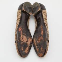 Pre Owned Gucci Beige/Brown Canvas and Leather Logo Embellished Ballet Flats Size 39