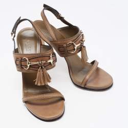 Pre Owned Gucci Olive Green Horsebit Tassel Emily Slingback Sandals Size 38.5