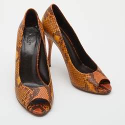 Pre Owned Gucci Two Tone Brown Python Peep Toe Platform Pumps Size 40