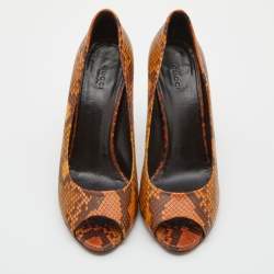 Pre Owned Gucci Two Tone Brown Python Peep Toe Platform Pumps Size 40