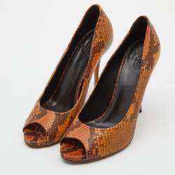 Pre Owned Gucci Two Tone Brown Python Peep Toe Platform Pumps Size 40