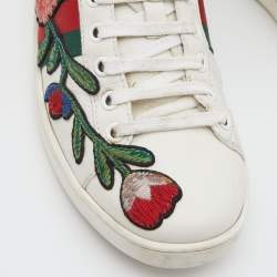 Gucci White Floral Embroidered Leather Ace Low Top Sneakers Size 37