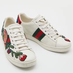 Gucci White Floral Embroidered Leather Ace Low Top Sneakers Size 37