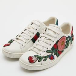 Gucci White Floral Embroidered Leather Ace Low Top Sneakers Size 37