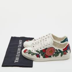 Gucci White Floral Embroidered Leather Ace Low Top Sneakers Size 37