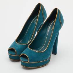 مملوكة مسبقًا حذاء كعب عالي غوتشي صوفيا سويدي أسود مقدمة مفتوحة نعل سميك مقاس 38