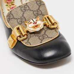 مملوكة مسبقًا Gucci Black Leather and GG Coated Canvas Malaga Kid Loafer Pumps Size 36