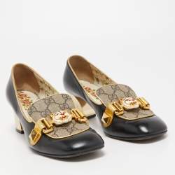 مملوكة مسبقًا Gucci Black Leather and GG Coated Canvas Malaga Kid Loafer Pumps Size 36