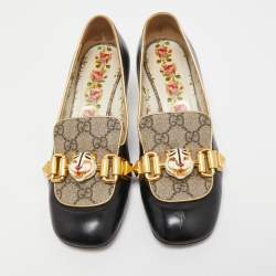مملوكة مسبقًا Gucci Black Leather and GG Coated Canvas Malaga Kid Loafer Pumps Size 36
