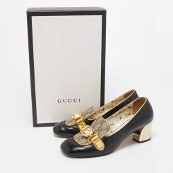مملوكة مسبقًا Gucci Black Leather and GG Coated Canvas Malaga Kid Loafer Pumps Size 36