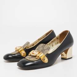 مملوكة مسبقًا Gucci Black Leather and GG Coated Canvas Malaga Kid Loafer Pumps Size 36