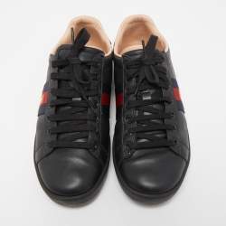 Gucci Black Leather Ace Web Low Top Sneakers Size 36