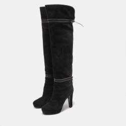 Pre Owned Gucci Black Suede and Leather Bow Over The Knee Boots Size 36.5