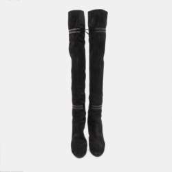 Pre Owned Gucci Black Suede and Leather Bow Over The Knee Boots Size 36.5