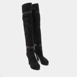 Pre Owned Gucci Black Suede and Leather Bow Over The Knee Boots Size 36.5