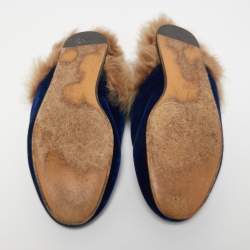 Pre Owned Gucci Blue Velvet and Fur Princetown Flat Mules Size 40