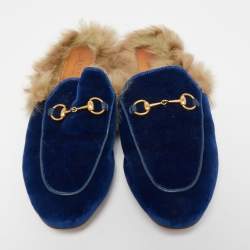 Pre Owned Gucci Blue Velvet and Fur Princetown Flat Mules Size 40