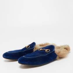 Pre Owned Gucci Blue Velvet and Fur Princetown Flat Mules Size 40