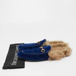 Pre Owned Gucci Blue Velvet and Fur Princetown Flat Mules Size 40