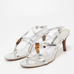 Gucci Silver Leather Bamboo Tassel Open Toe Ankle Strap Sandals Size 36