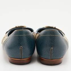 Pre Owned Gucci Beige/Blue Canvas and Leather Logo Embellished Ballet Flats Size 38