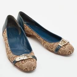 Pre Owned Gucci Beige/Blue Canvas and Leather Logo Embellished Ballet Flats Size 38