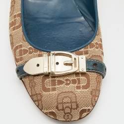 Pre Owned Gucci Beige/Blue Canvas and Leather Logo Embellished Ballet Flats Size 38