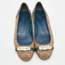 Pre Owned Gucci Beige/Blue Canvas and Leather Logo Embellished Ballet Flats Size 38