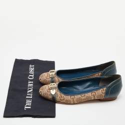 Pre Owned Gucci Beige/Blue Canvas and Leather Logo Embellished Ballet Flats Size 38