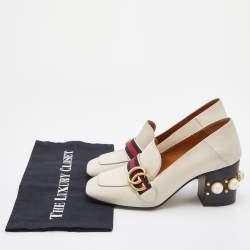 Pre Owned Gucci Off White Leather Peyton GG Sylvie Pearl Studded Loafer Size 38