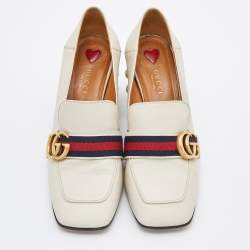 Pre Owned Gucci Off White Leather Peyton GG Sylvie Pearl Studded Loafer Size 38