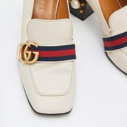 Pre Owned Gucci Off White Leather Peyton GG Sylvie Pearl Studded Loafer Size 38