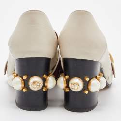 Pre Owned Gucci Off White Leather Peyton GG Sylvie Pearl Studded Loafer Size 38