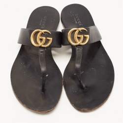 Pre Owned Gucci Black Leather GG Marmont Thong Flats Size 38