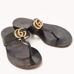 Pre Owned Gucci Black Leather GG Marmont Thong Flats Size 38