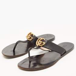 Pre Owned Gucci Black Leather GG Marmont Thong Flats Size 38