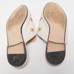 Pre Owned Gucci Cream Leather Bee and Star Embroidered Princetown Flat Mules Size 39.5