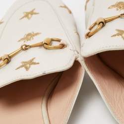Pre Owned Gucci Cream Leather Bee and Star Embroidered Princetown Flat Mules Size 39.5
