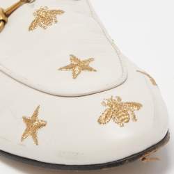 Pre Owned Gucci Cream Leather Bee and Star Embroidered Princetown Flat Mules Size 39.5