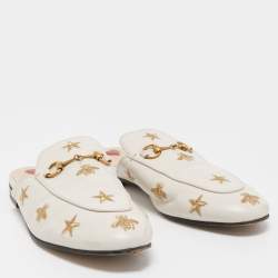 Pre Owned Gucci Cream Leather Bee and Star Embroidered Princetown Flat Mules Size 39.5