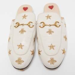 Pre Owned Gucci Cream Leather Bee and Star Embroidered Princetown Flat Mules Size 39.5