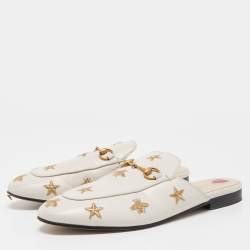Pre Owned Gucci Cream Leather Bee and Star Embroidered Princetown Flat Mules Size 39.5