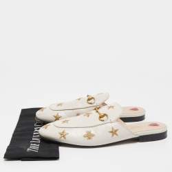 Pre Owned Gucci Cream Leather Bee and Star Embroidered Princetown Flat Mules Size 39.5