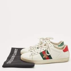 Pre Owned Gucci White Leather Web Detail Bee Embroidered Ace Low Top Sneakers Size 35